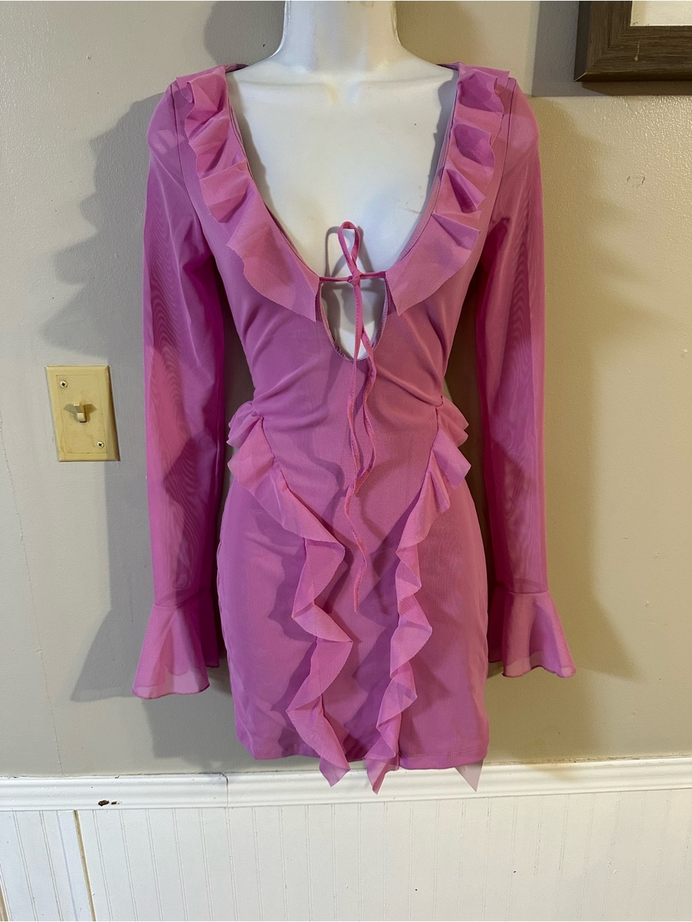 SHEIN Pink Ruffled V-Neck Long Sleeve Mini Dress